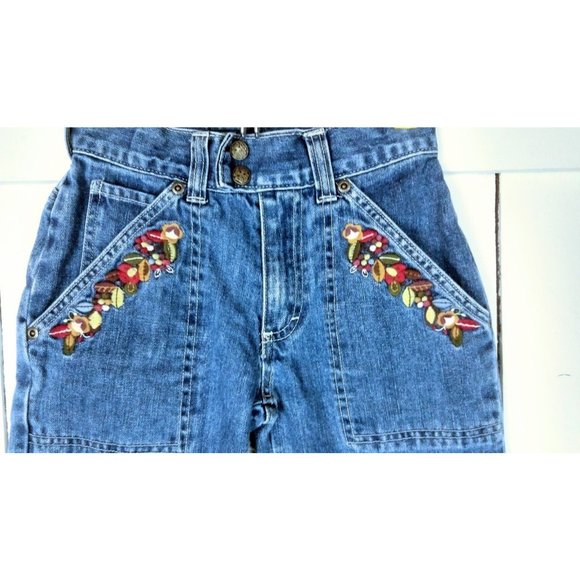 Childrens loose wide leg floral embroidered blue denim jeans - 7 - Picture 2 of 4